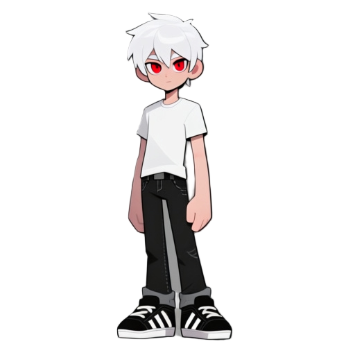 a tall male character with short white hair, crimson red eyes, snow-white skin, wearing a white t-shirt, black jeans, and black sneakers with white stripes and details. 