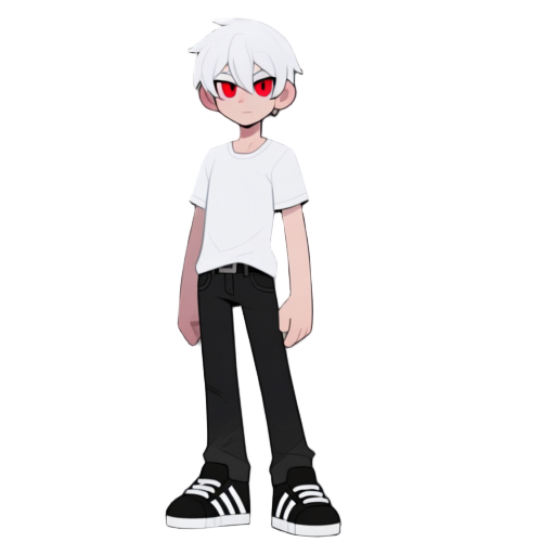 a tall male character with short white hair, crimson red eyes, snow-white skin, wearing a white t-shirt, black jeans, and black sneakers with white stripes and details. 