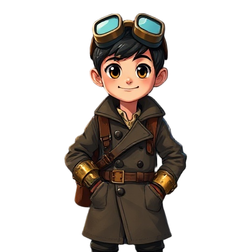 portrait of a young apprentice in soot-marked coat, oversized goggles on head, tool-stuffed satchel, brass gauntlet with gear joints, bright eyes and hopeful smirk, painterly anime style, warm shadows, steampunk grit, dark blurred background.