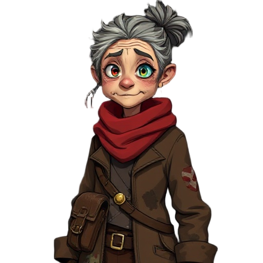 portrait of a grizzled old woman in a patched brown coat, faded red scarf, brass gear shoulder clasp, timeworn satchel, cybernetic eye with a faint blue glow, messy tied-back hair, painterly anime style, sharp gaze, soft light, steampunk grit, dark backgr