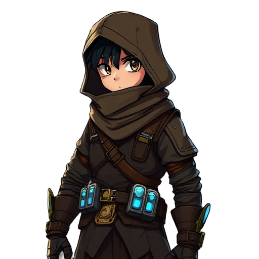 side-view portrait of a hooded courier in a tattered brown coat over a dark vest, scarf masking lower face, glowing blue vials on a brass utility belt, forearm gear bracers, expressive tired eyes, painterly anime style, soft shadows, steampunk grit, dark 