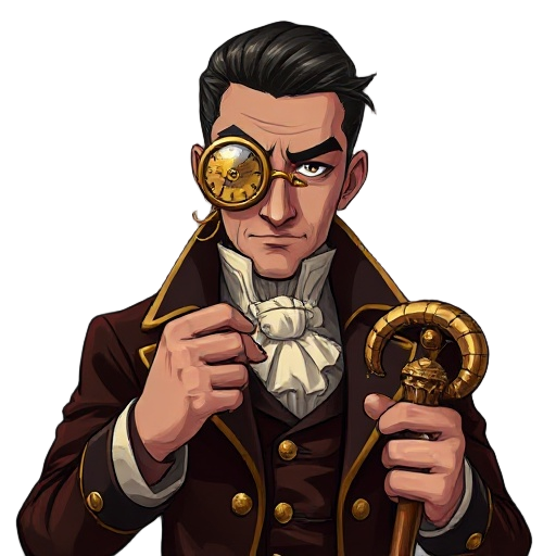 🕰️ sable morn  portrait of a poised councilor in a worn velvet coat with gold trim, brass monocle embedded with clock hands over one eye, cane with gear head, slicked-back hair, sharp glare, painterly anime style, opulent but decayed backdrop, aristocrati