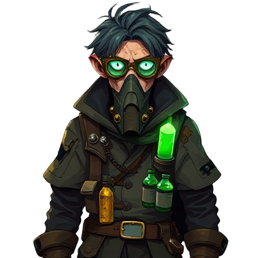 ⚗️ dr. voss  portrait of a gaunt alchemist in a patched cloak and utility harness, brass-rimmed goggles over wild eyes, mask hanging at neck, vials and tubes glowing faint green on chest rig, unkempt hair, painterly anime style, eerie lab glow, steampunk 