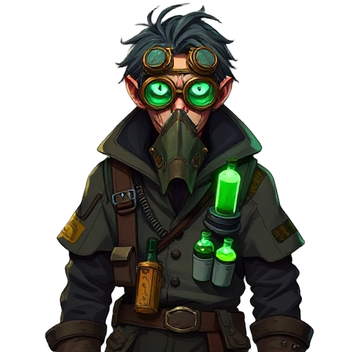 ⚗️ dr. voss  portrait of a gaunt alchemist in a patched cloak and utility harness, brass-rimmed goggles over wild eyes, mask hanging at his neck, vials and tubes glowing faint green on chest rig, unkempt hair, painterly anime style, eerie lab glow, steamp