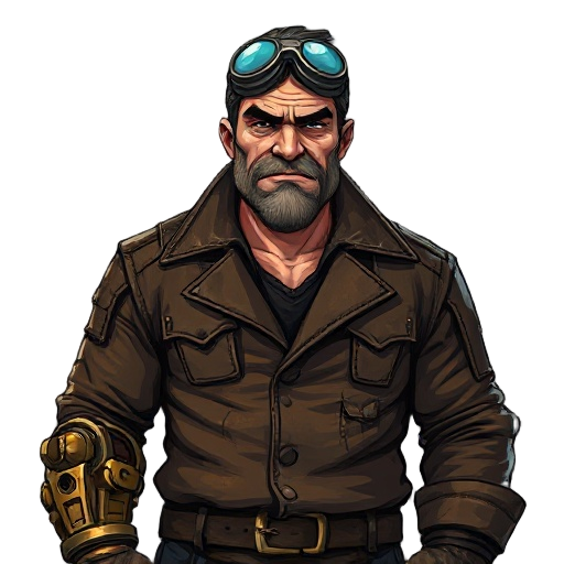 🔧 brann holt  portrait of a broad-shouldered foreman with a torn leather coat, soot-streaked skin, mechanical arm of exposed brass pistons and gears, welding goggles on forehead, gruff expression, painterly anime style, steampunk grit, dark factory-lit ba