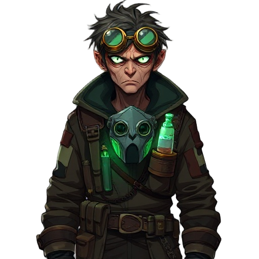 ⚗️ dr. voss  portrait of a gaunt alchemist in a patched cloak and utility harness, brass-rimmed goggles over wild eyes, mask hanging at his neck, vials and tubes glowing faint green on chest rig, unkempt hair, painterly anime style, eerie lab glow, steamp