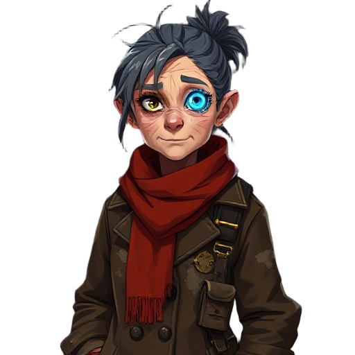 portrait of a grizzled old woman in a patched brown coat, faded red scarf, brass gear shoulder clasp, timeworn satchel, cybernetic eye with a faint blue glow, messy tied-back hair, painterly anime style, sharp gaze, soft light, steampunk grit, dark backgr