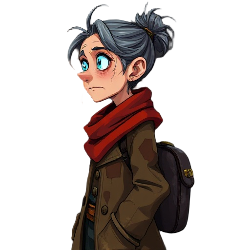 side-view portrait of a grizzled old woman in a patched brown coat, faded red scarf, brass gear shoulder clasp, timeworn satchel, cybernetic eye with a faint blue glow, messy tied-back hair, painterly anime style, sharp gaze, soft light, steampunk grit, d