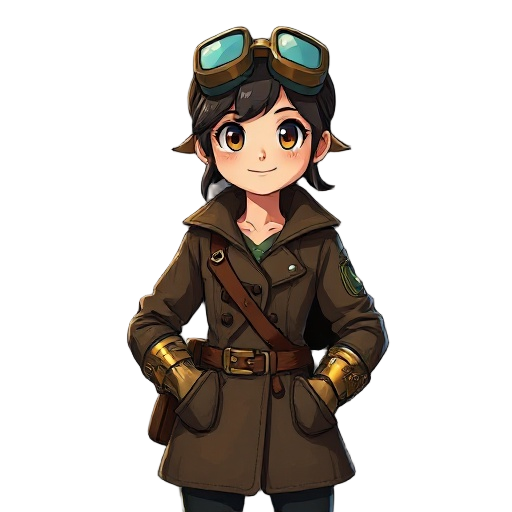 meet ilya kade, female, energetic apprentice engineer. portrait of a young apprentice in soot-marked coat, oversized goggles on head, tool-stuffed satchel, brass gauntlet with gear joints, bright eyes and hopeful smirk, painterly anime style, warm shadows