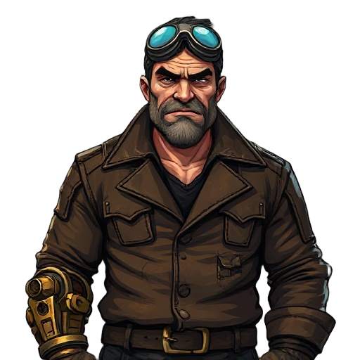 🔧 brann holt  portrait of a broad-shouldered foreman with a torn leather coat, soot-streaked skin, mechanical arm of exposed brass pistons and gears, welding goggles on forehead, gruff expression, painterly anime style, steampunk grit, dark factory-lit ba