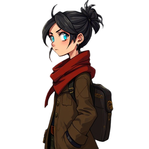 side-view portrait of a grizzled woman in a patched brown coat, faded red scarf, brass gear shoulder clasp, timeworn satchel, cybernetic eye with a faint blue glow, messy tied-back hair, painterly anime style, sharp gaze, soft light, steampunk grit, dark 