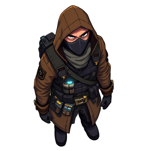 a solitary pixel-art courier in a time-frozen city, viewed top-down with slight isometric tilt. wears a tattered brown coat layered over a dark utility vest, with glowing clockwork gadgets strapped to arms and belt. hooded, with a mask or scarf obscuring 
