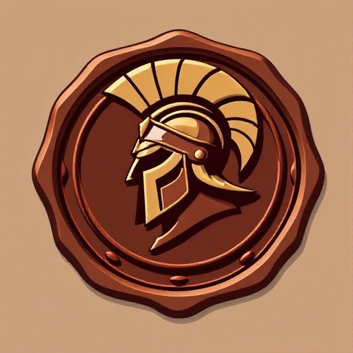 a premium emblem logo for a game studio called "sardonyx".  the logo is a round wax seal inspired by ancient mythology and classical civilizations. at the center, a stylized warrior helmet in profile, symbolizing strength, legacy, discipline and strategy.