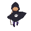 kawaii chibi boy apprentice mage, true top-down 90° (no perspective). black cape/cloak no hood (no hood shapes), no beard. white owl-eyes emblem on back. white shirt, purple pants. pale skin. very long light-brown ponytail, black ribbon. straight brown st