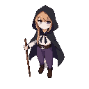 kawaii/chibi apprentice mage, true top-down 90°. black cloak (no hood) with a white owl-eyes emblem on the back; white shirt, purple pants. pale skin. long light-brown hair tied with a black ribbon, hanging down his back. brown staff: perfectly straight, 