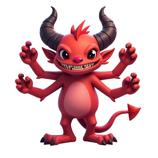 a red demon, with a tail instead of legs, it has four arms and six eyes, no nose, and red teeth in its mouth.