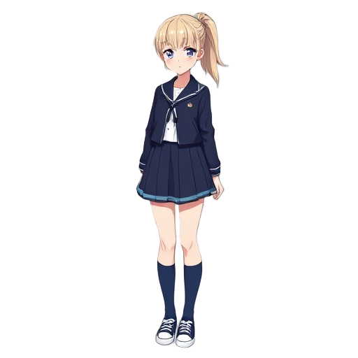 anime teenage schoolgirl, slim long-legged body. pale porcelain fair skin, large violet eyes, calm serious face. long light-blonde hair in a high ponytail with wispy bangs. navy cropped school jacket + navy pleated skirt with thin light-blue hem stripes. 