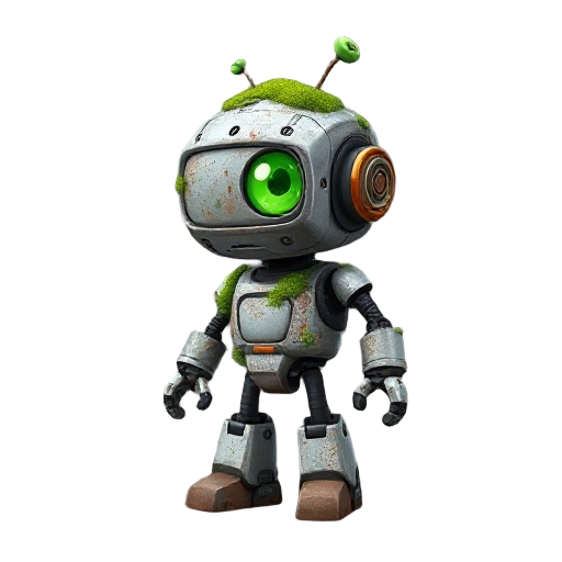 a little rusty small kid robot, main color is silver acept for the eye which is bright light green, moss are around its body,  and  a small sampling is growing from its head