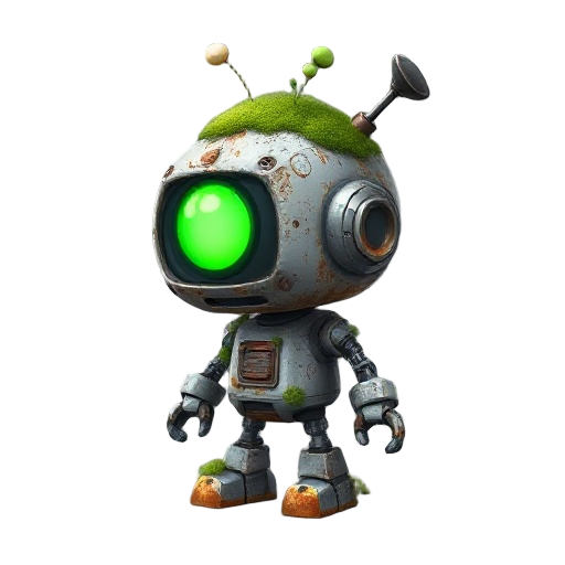 a little rusty small kid robot, main color is silver acept for the eye which is bright light green, moss are around its body,  and  a small sampling is growing from its head