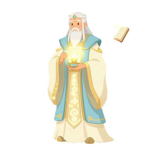 fount of knowledge wears long flowing robes in soft blues, ivory, and gold. glowing runes and light patterns decorate his outfit. floating books, symbols, or magic light often surround him, and his calm posture and gentle glow give him a wise, ancient loo
