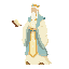 fount of knowledge wears long flowing robes in soft blues, ivory, and gold. glowing runes and light patterns decorate his outfit. floating books, symbols, or magic light often surround him, and his calm posture and gentle glow give him a wise, ancient loo