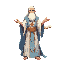 fount of knowledge wears long flowing robes in soft blues, ivory, and gold. glowing runes and light patterns decorate his outfit. floating books, symbols, or magic light often surround him, and his calm posture and gentle glow give him a wise, ancient loo