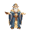 fount of knowledge wears long flowing robes in soft blues, ivory, and gold. glowing runes and light patterns decorate his outfit. floating books, symbols, or magic light often surround him, and his calm posture and gentle glow give him a wise, ancient loo