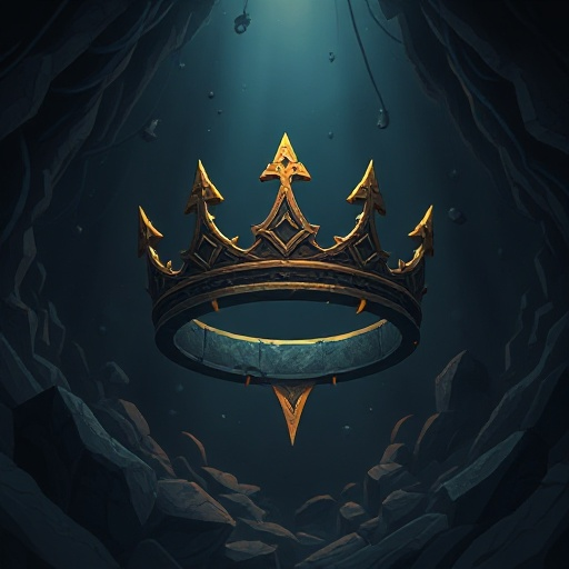 broken ancient crown floating in darkness, hollow center, dark fantasy, cinematic, 2d illustration