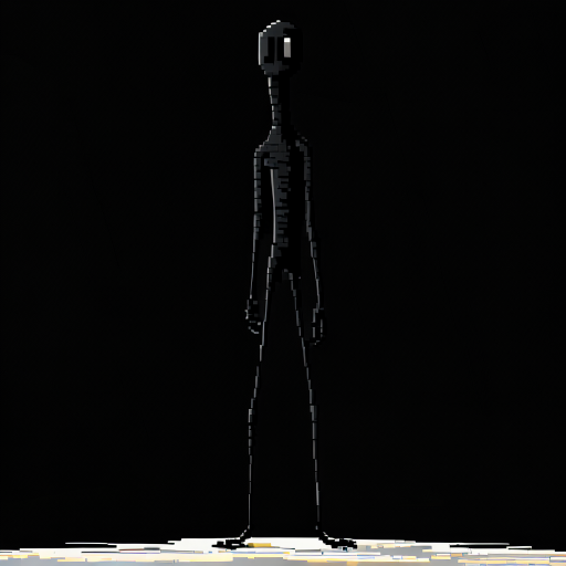 a tall black pixel long strechy creature with nothing or a face on it just pure black reaching with like boney body like very skinny and tall with long legs   and no tail no eyes for the camera