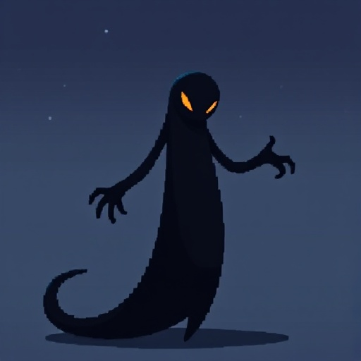 a tall black pixel long strechy creature with nothing or a face on it just pure black reaching  and no tail no eyes for the camera