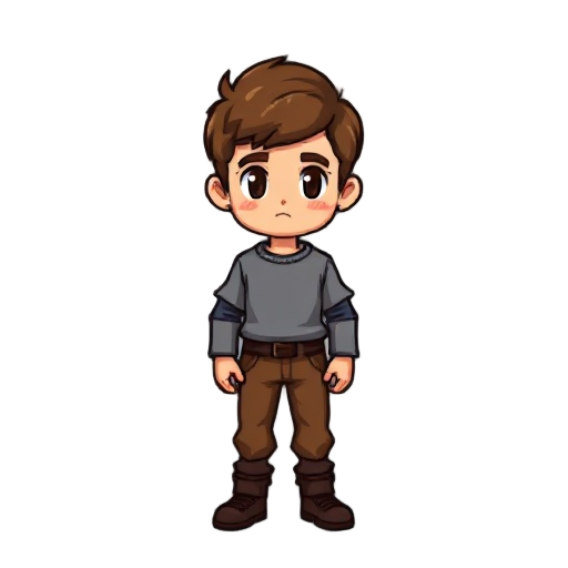 pixel-style character design, similar to the style of "prequel to the knight", front view, brown short-haired man, gray clothes, brown pants, standing posture, retro game ui, 8-bit color, low saturation, cartoon pixels, flat design, nostalgic game atmosph
