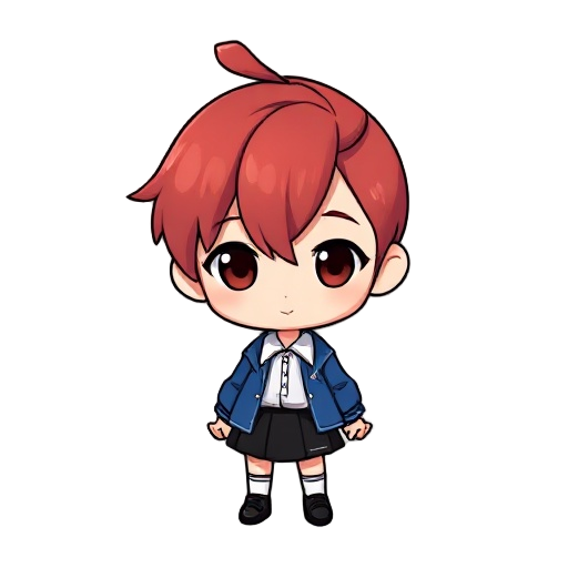 red hair,blue jacket,white collar shirt,black skirt,loosless socks,black shoes,chibi,big head