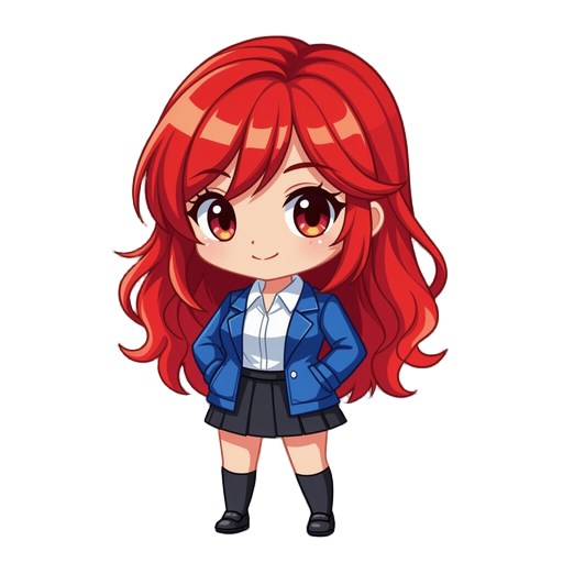 red hair,blue jacket,white collar shirt,black skirt,loosless socks,black shoes,chibi,big head,pixel