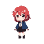 red hair,blue jacket,white collar shirt,black skirt,loosless socks,black shoes,chibi