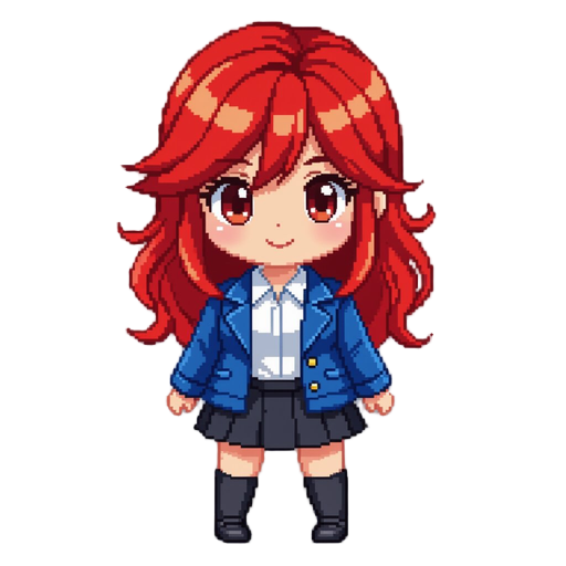 red hair,blue jacket,white collar shirt,black skirt,loosless socks,black shoes,chibi,big head,pixel