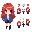 red hair,blue jacket,white collar shirt,black skirt,loosless socks,black shoes,chibi,big head,pixel