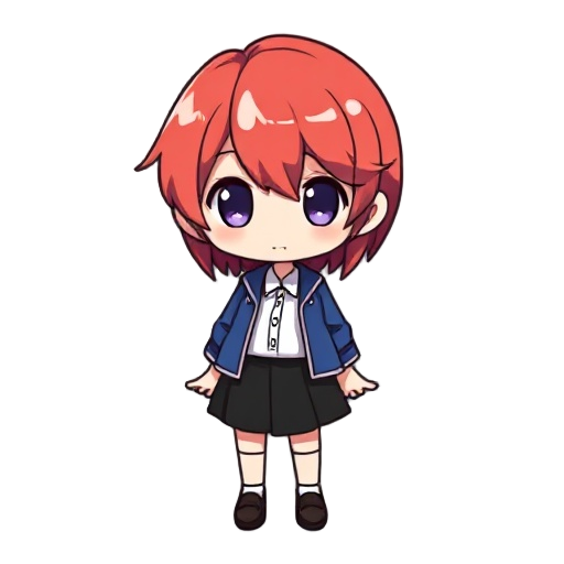 red hair,blue jacket,white collar shirt,black skirt,loosless socks,black shoes,chibi,big head,pixel