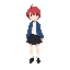 red hair,blue jacket,white collar shirt,black skirt,loosless socks,black shoes,chibi