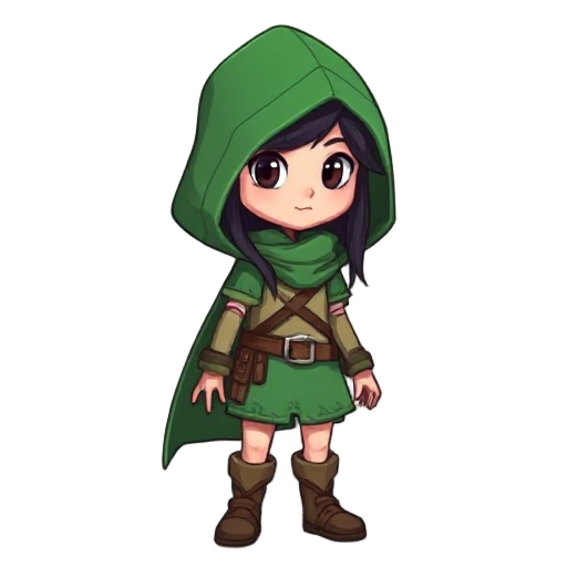 a woman dressed as an adventurer, wearing a green hood, with black hair and fair skin.