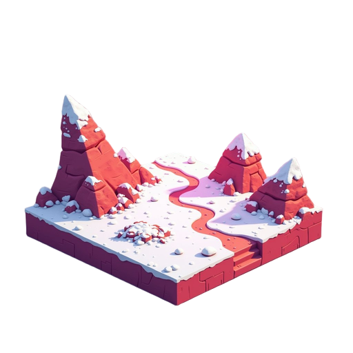 isometric sci-fi exploration game environment, alien red planet, vast sandy terrain covered with light snow, winter atmosphere, cold wind, red soil mixed with frozen sand, two bright yellow suns in the sky, pink and magenta alien sky, long shadows, futuri
