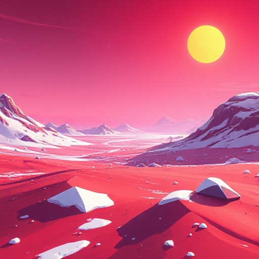 isometric sci-fi exploration game environment, alien red planet, vast sandy terrain covered with light snow, winter atmosphere, cold wind, red soil mixed with frozen sand, two bright yellow suns in the sky, pink and magenta alien sky, long shadows, futuri