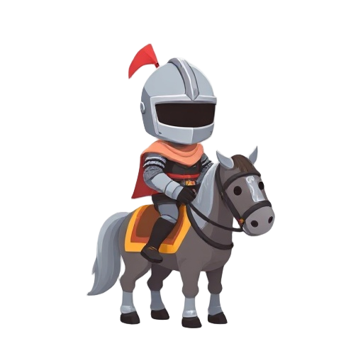 cute chibi medieval knight riding a small horse, short body, big helmet head, faceless black visor. flat 2d cartoon game art, clean vector shapes, soft pastel colors, simple shading, iconic silhouette, friendly heroic style, mobile arcade game character
