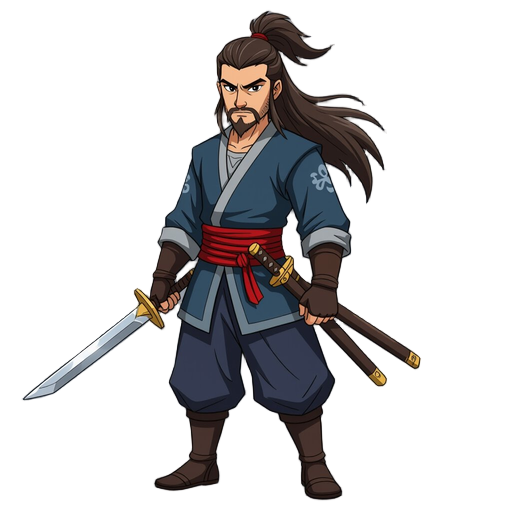 cold-faced swordsman with long hair tied back
