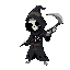 a character wearing a black, holey robe revealing a skeleton, a conical hat with a cloth covering their face, and wielding a scythe attacks—a simple and intriguing setup.