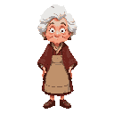 an elderly lady with a nurturing grandmother vibe, inspired by little red riding hood's grandmother. she wears a wool poncho over a simple dress and apron, her voluminous white hair is slightly messy, and her expression is gentle and welcoming.