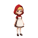 little red riding hood has blonde hair and wears a red hood and a white dress with an apron. she wears light-colored stockings and dark shoes.