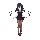black hair, red eyes, anime style, mini short black dress, pantyhose, high-heels