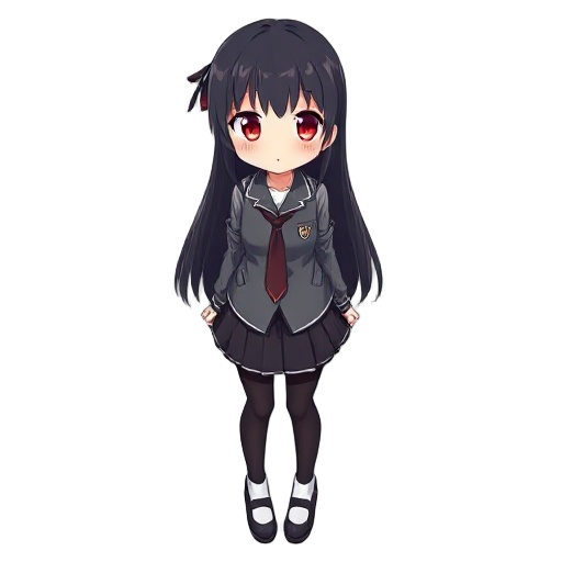 long black hair, red eyes, anime style, short skirt, pantyhose