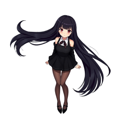 long black hair, red eyes, anime style, mini short black dress, pantyhose, high-heels