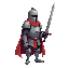 2d idle medieval knight in armor, closed helmet, red cape, holding a sword in front. subtle breathing, slight movement. calm idle pose, game-ready